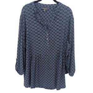 Roz‎ & Ali Tunic Top Womens Plus 3X Blue Geometric Henley Stretch Blouse Casual